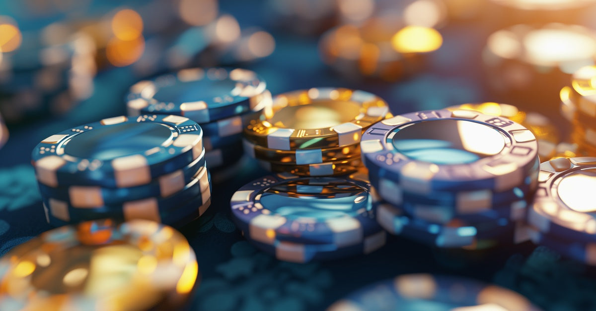 Several piles of navy, teal, and gold casino chips, shining in a warm yellow light on a green felt poker table.